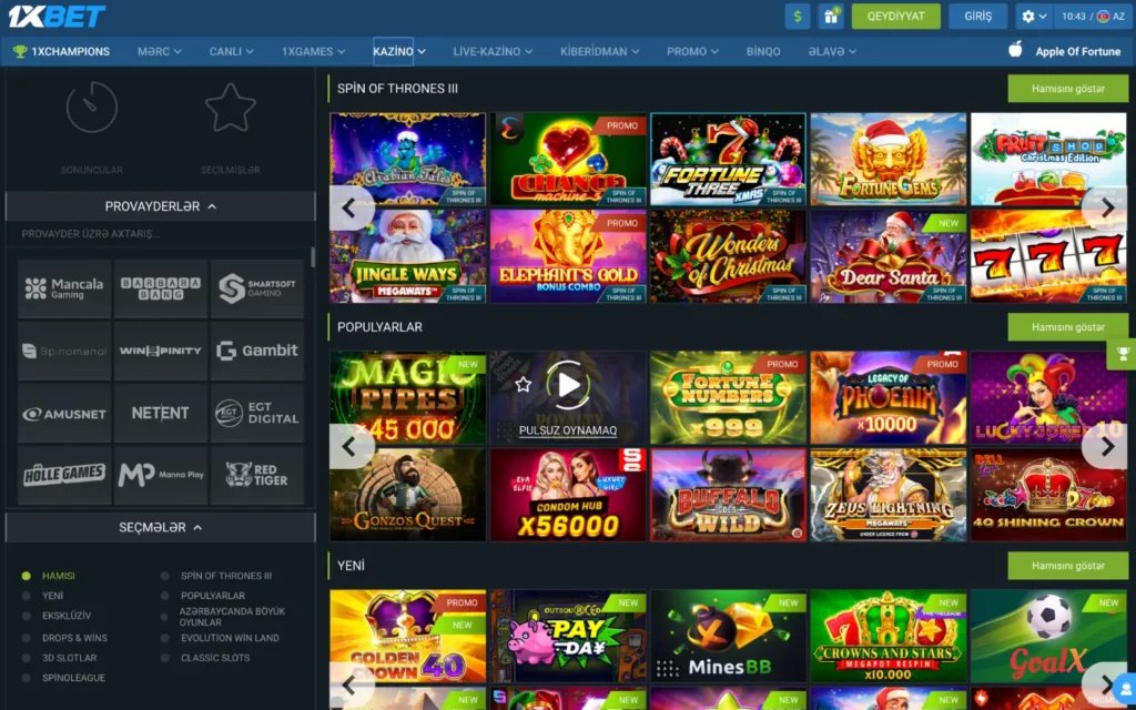 1xBet kazino oyunları lobbisi