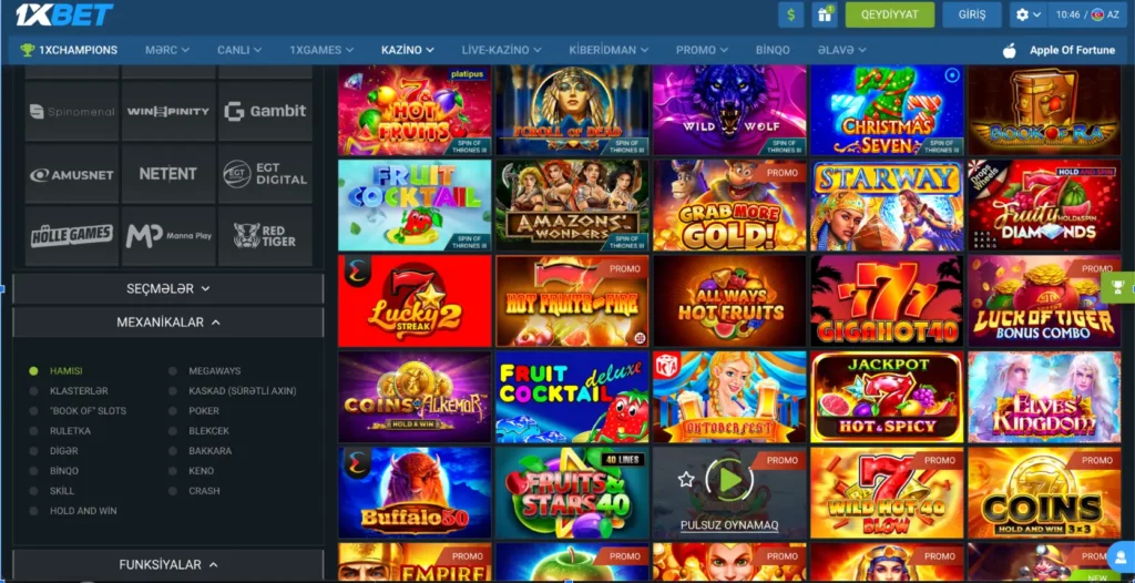 1xBet-də klassik meyvə maşınlarından müasir video slotlarına qədər müxtəlif slot oyunları