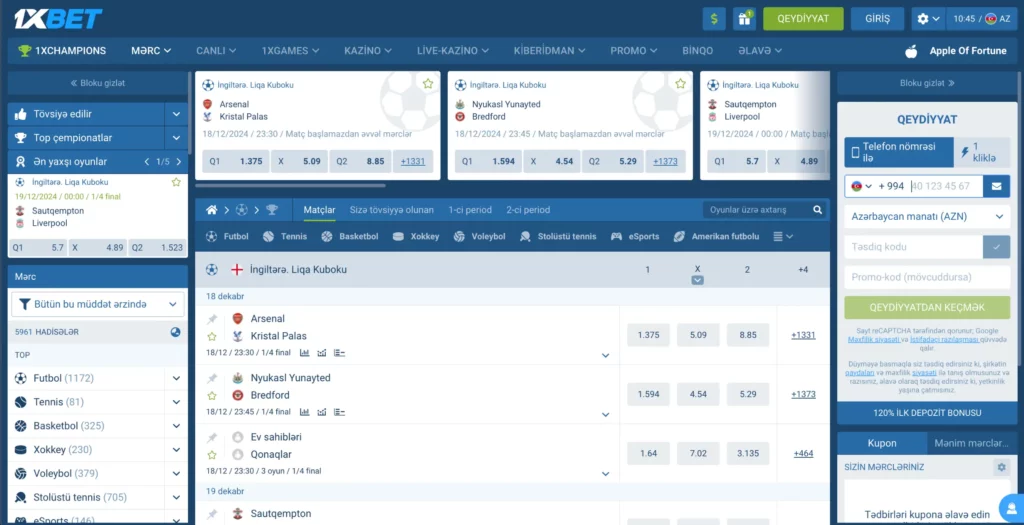 1xBet idman mərcləri üçün interfeys ekranı