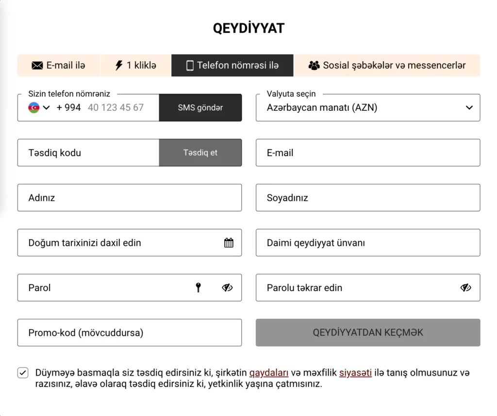 Azərbaycan oyunçuları üçün qeydiyyat seçimlərini əks etdirən Yohoho Bet Casino qeydiyyat formasının ekran görüntüsü.
